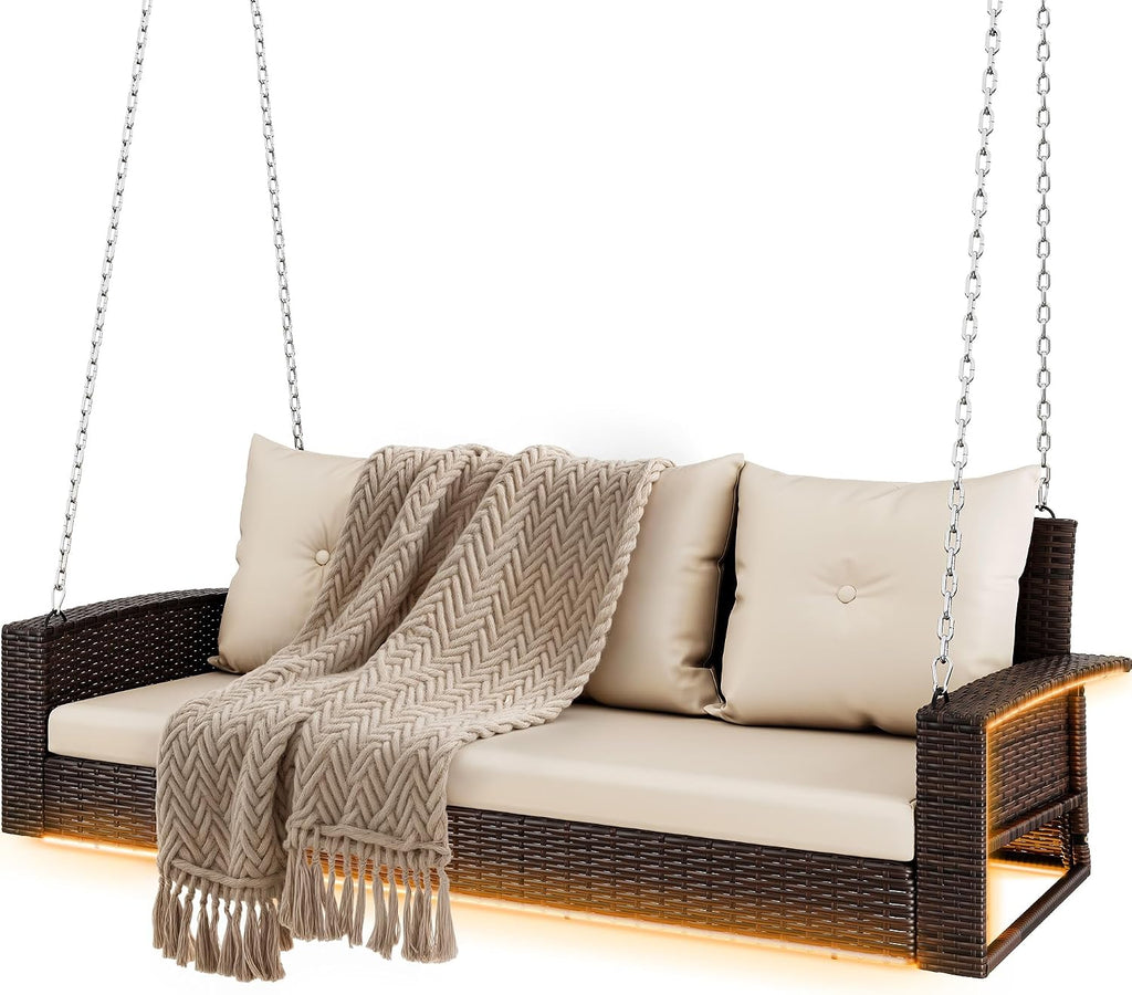 DWVO LED 3-Seat Patio Porch Swing, Outdoor Wicker Hanging Porch Swing Chair Bench Rattan Chair with LED Lights & Soft Cushions for Outside, Garden, Backyard, Lawn, Light Brown & Beige