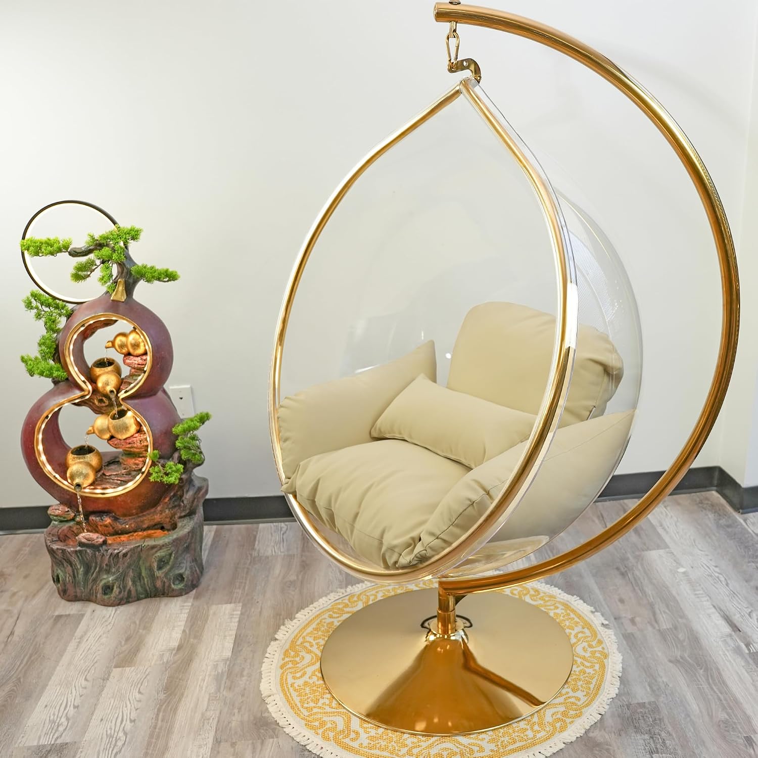 Hanging Chair - Transparent Acrylic Bubble, Waterdrop Shape, Indoor Swing Chair with Gold/Chrome Stand, Durable Fabric Cushion - Luxury Accent for Living Room, Bedroom (Gold/Beige)