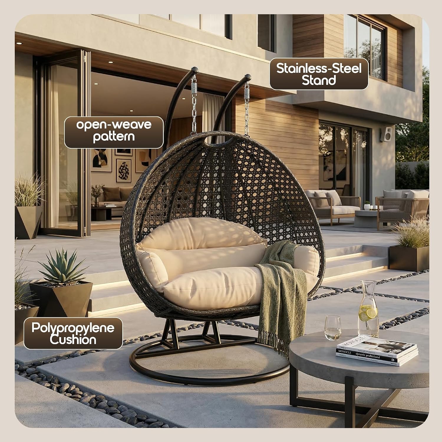 LeisureMod 2-Person Hanging Egg Chair with Stand, Dark Grey Cushions, Indoor Outdoor Wicker Patio Swing, Lounge Hammock Seat for Bedroom, Garden, Porch, Heavy-Duty Steel Frame (Cream)