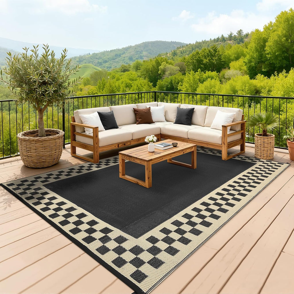 GAOMON Patio Modern Checkered Outdoor Rug 10x14 Waterproof Large Reversible Camping Mat Foldable Lightweight Plastic Straw Outdoor Rug for Deck, Picnic, Porch, Camper, Balcony, Beach, Rv, Black
