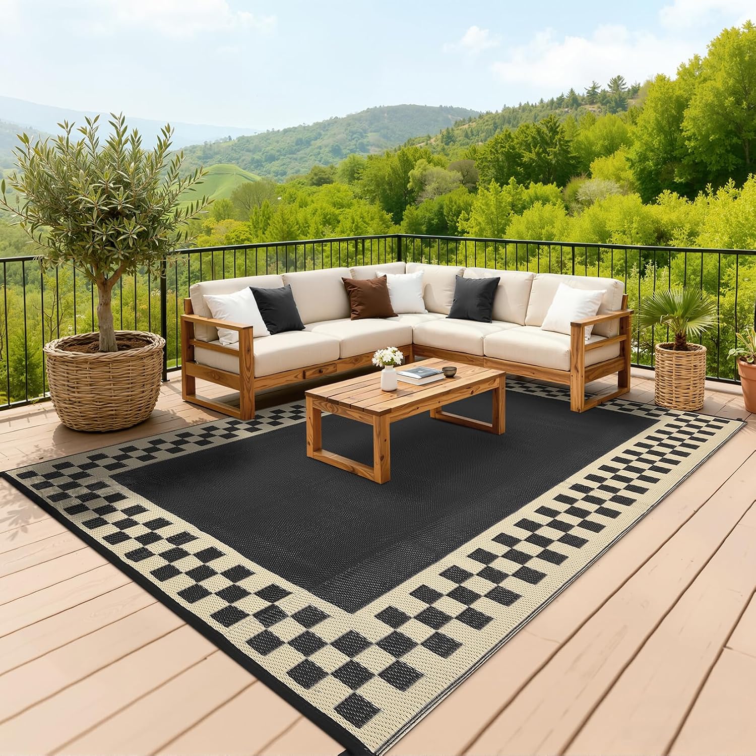 GAOMON Patio Modern Checkered Outdoor Rug 10x14 Waterproof Large Reversible Camping Mat Foldable Lightweight Plastic Straw Outdoor Rug for Deck, Picnic, Porch, Camper, Balcony, Beach, Rv, Black