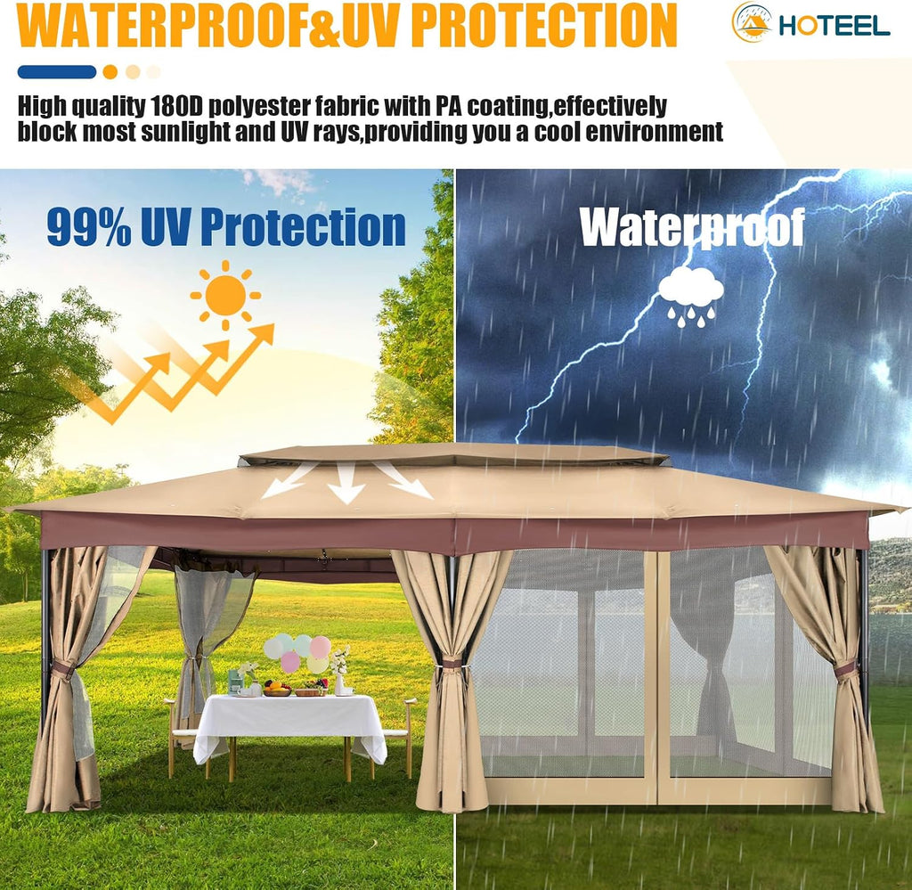 HOTEEL Gazebo 12x20, Outdoor Gazebo on Clearance with Double Ventilated Arc Roof, Privacy Curtains & Mosquito Netting, Easy Set up Canopy Tent with Stable Metal Frame for Patio, Khaki (Windproof)
