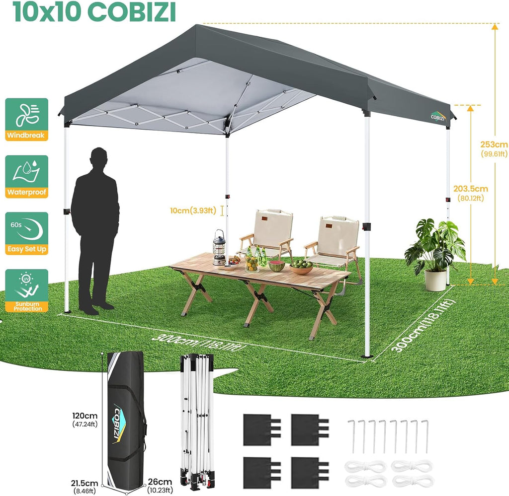 COBIZI Canopy Tent 10x10 Pop Up Outdoor Canopies with 4 Sidewalls Waterproof Commercial Instant Gazebo Tents for Party Patio Backyard with 4 Sandbags, 4 Stakes & 8 Ropes, Gray
