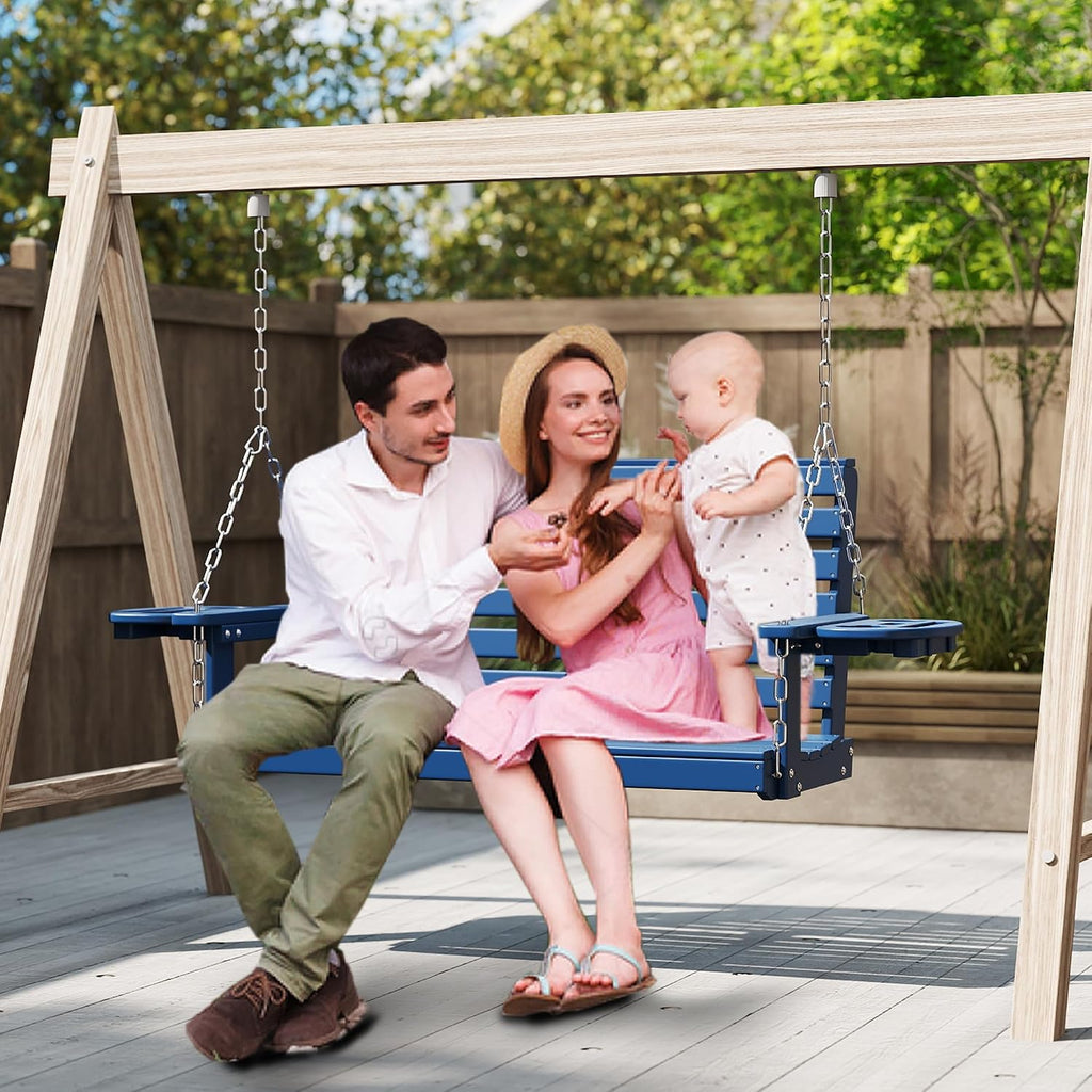 FOOWIN Porch Swing, 4 FT Patio Swing with Cup Holders, Adjustable Hanging Chains, HDPE Outdoor Swing for Patio, Porch, Garden, Yard, Heavy Duty 660 LBS Weight Capacity Navy Blue