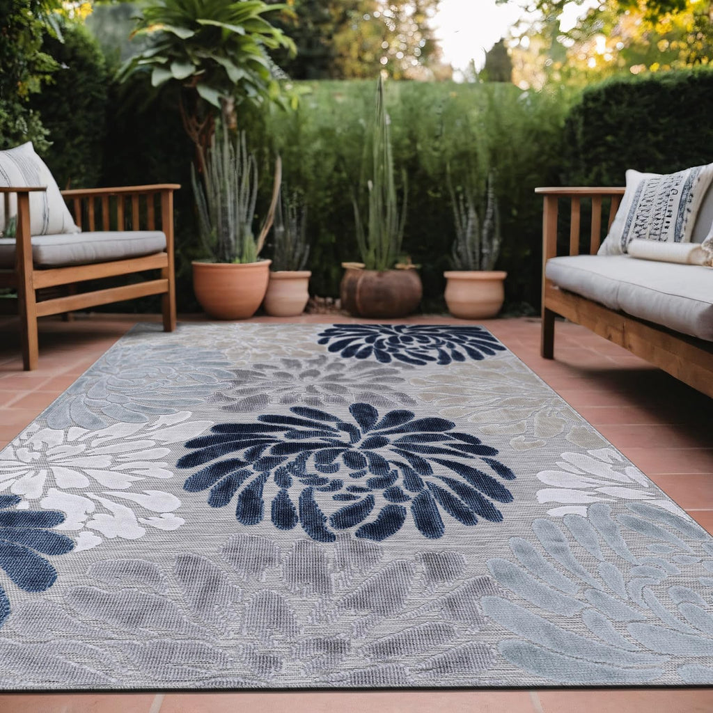 Luul Home Floral Indoor Outdoor Rugs 9x12 Large Area Rug for Living Room, Patio Decor, Kitchen, and Entryway Rug, Washable Stain Resistant Outside Carpet Blue 9 x 12