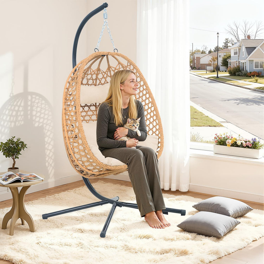 Hanging Egg Chair with Stand & Cushions - All-Weather Rattan Swing Chair for Patio, Balcony, Garden (Modern Boho Design, Ready-to-Use Indoor Outdoor)-Natural Wood