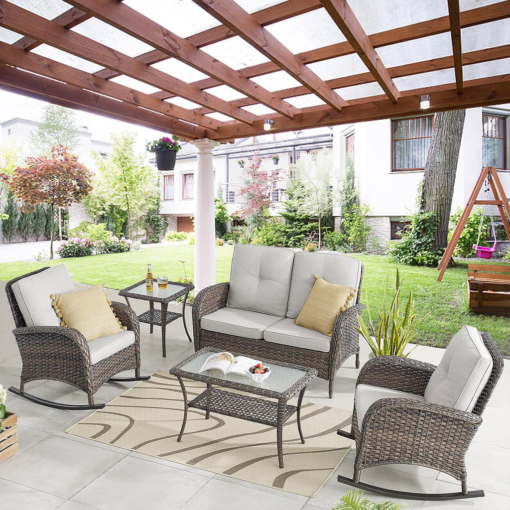 Belord Wicker Porch Rocking Chairs - 3 Pieces Patio Bistro Set High Back Outdoor Rocker Chairs Set with Side Table for Deck Balcony Brown/Beige