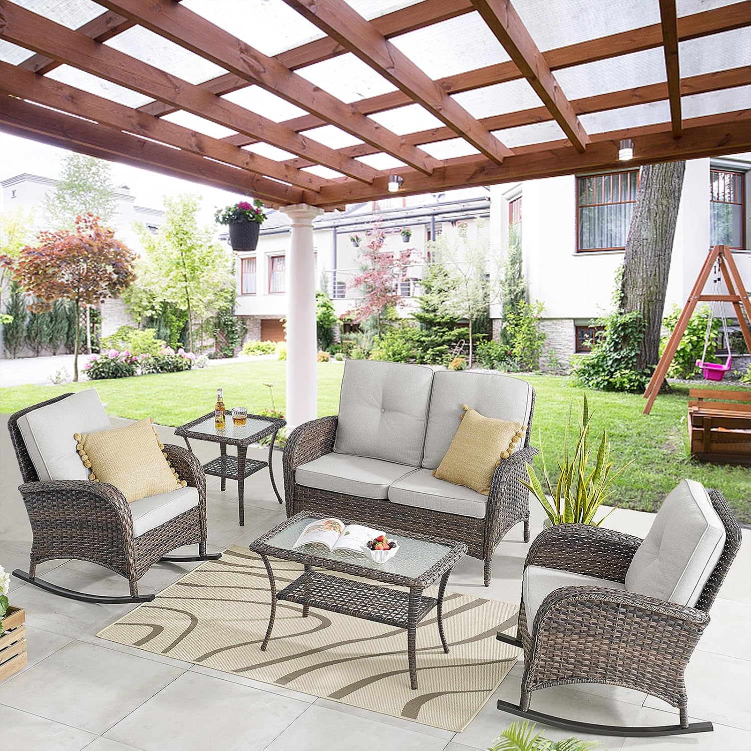 Belord Wicker Porch Rocking Chairs - 3 Pieces Patio Bistro Set High Back Outdoor Rocker Chairs Set with Side Table for Deck Balcony Brown/Beige