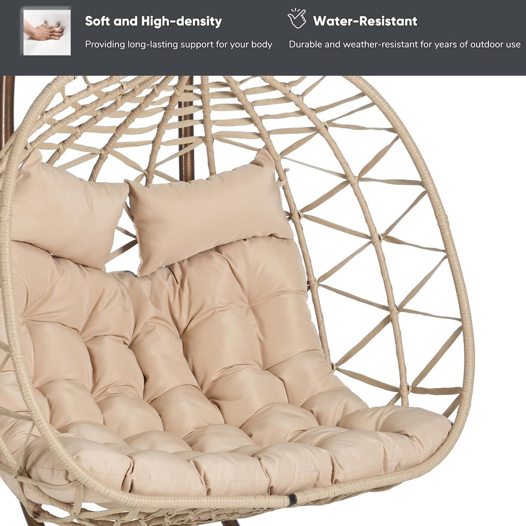 JOYBASE Double Swing Egg Chair with Stand, 2-Person Hanging Egg Chair Wicker Rattan Oversized Swinging Chair for Outdoor Indoor Garden Patio (Khaki Cushion and Beige Rattan)