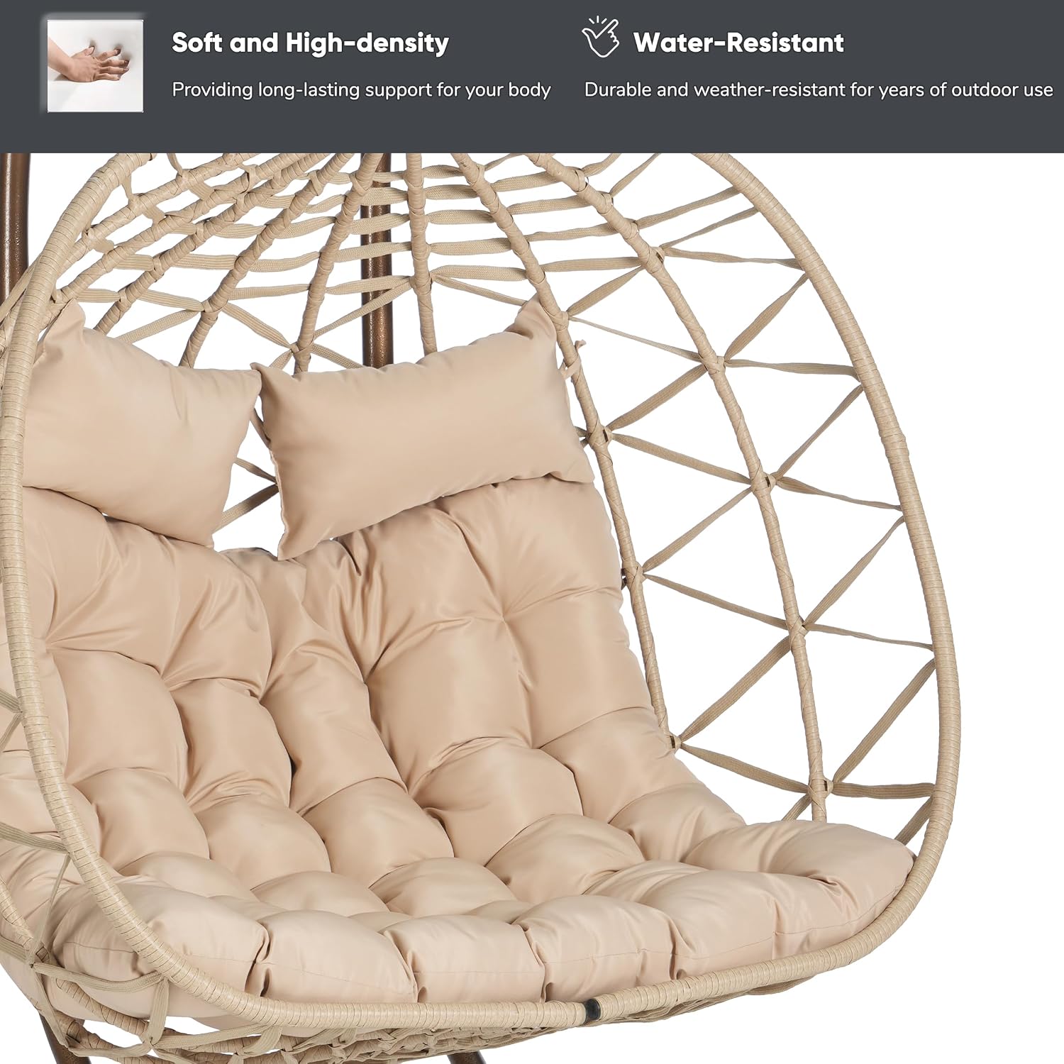 JOYBASE Double Swing Egg Chair with Stand, 2-Person Hanging Egg Chair Wicker Rattan Oversized Swinging Chair for Outdoor Indoor Garden Patio (Khaki Cushion and Beige Rattan)