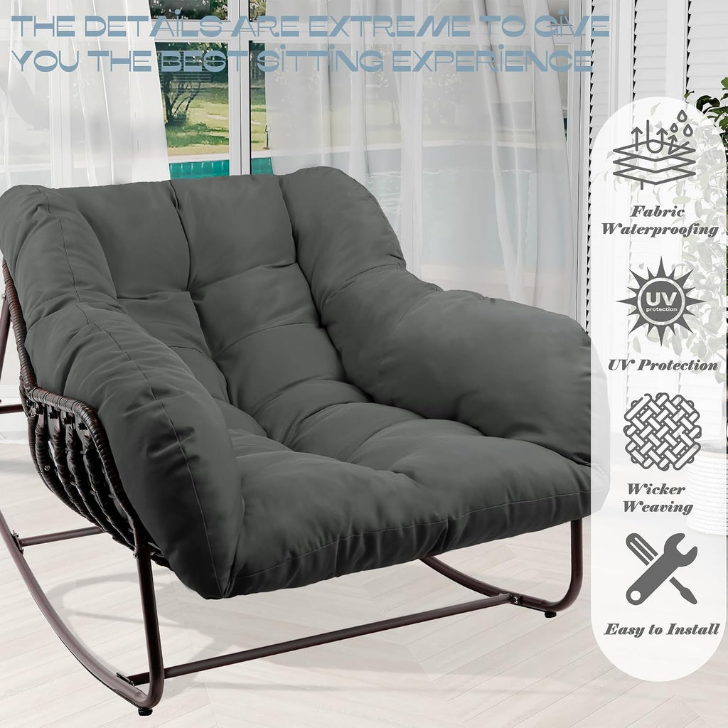 Outdoor Papasan Rocking Chair, Oversized Patio Rocking Chairs with Padded Cushion& Pillow-Comfortable Rocker Egg Chair for Front Porch, Garden, Patio, Backyard,1PC,Grey