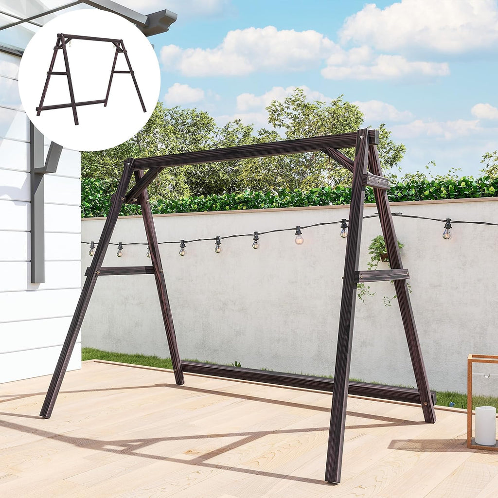 Outsunny 770lbs Porch Swing Frame, Heavy Duty A-Frame Wooden Swing Stand with Reinforced Bars, Freestanding Hanging Chair Stand Only for Porch, Lawn, Garden, Backyard, Carbonized