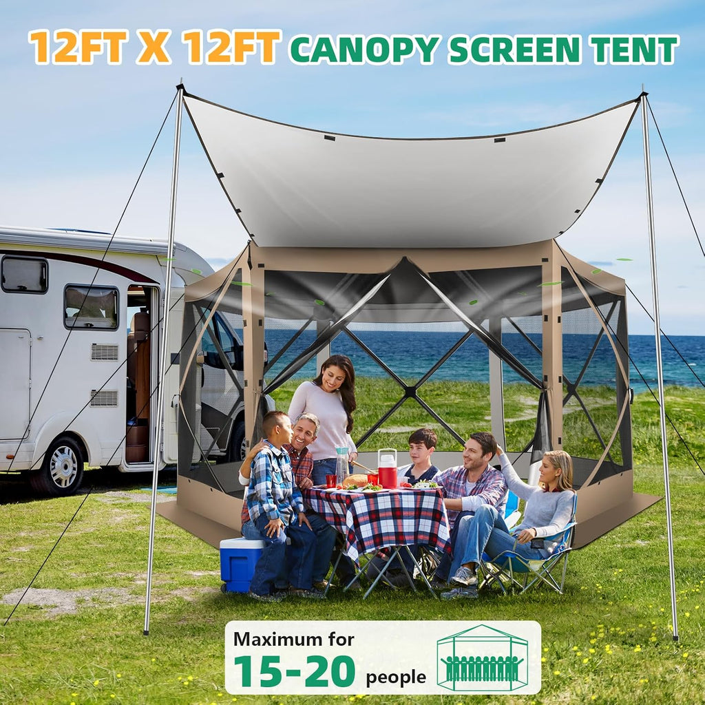 COBIZI Pop Up Gazebo Screen Tent Screen House for Camping, 12x12 Screen Room with Mosquito Netting, Hub Tent Instant Screened Canopy with Carrying Bag and Ground Stakes, Khaki