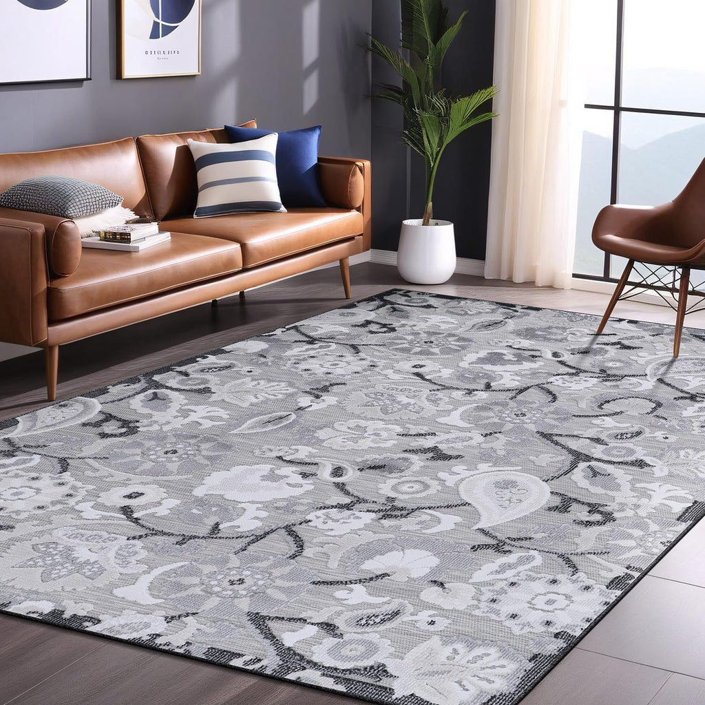 Luul Home Floral Indoor Outdoor Rugs 9x12 Large Area Rug for Living Room, Patio Decor, Kitchen, and Entryway Rug, Washable Stain Resistant Outside Carpet Gray 9 x 12