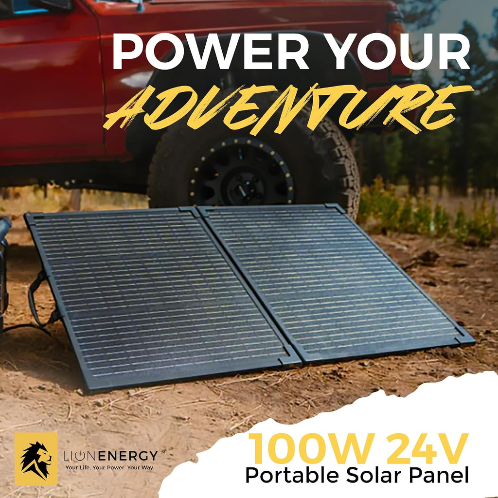 Lion Energy 100 Watt 24V Portable Solar Panel, Foldable Charger for RV, Camping, Generators, and Off-Grid Outdoor Power Needs