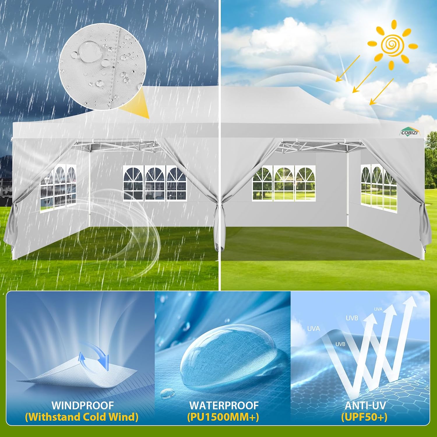 COBIZI 13x26 Heavy Duty Pop Up Canopy with 6 Sidewalls Party Tent Outdoor Wedding Large Event Tent with Roller Bag for Garden Lawn Waterproof UPF 50+ Easy Up, White (Framework Upgraded)