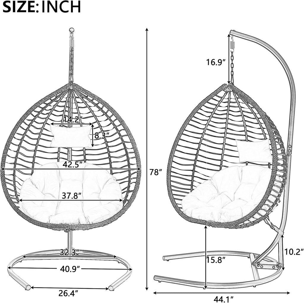 Qwork Hanging Egg Chair with Stand, Modern Foldable Wicker Swing Chair, Deep Seat Hammock with Creamy Beige Cushion, 330lbs Heavy Duty for Living Room, Bedroom, Patio (Black Frame + Beige Cushion)