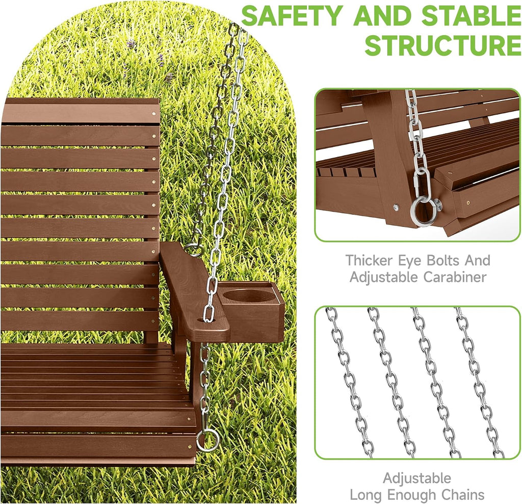 Real Relax 2-Seater Front Porch Swing, Wooden Outdoor Porch Swing Bench Chair with Cupholders, Upgraded 22' Deep Seat, Heavy Duty 880 Lbs Hanging Chains for Outdoor, Patio, Backyard 4 FT (Teak Tone)