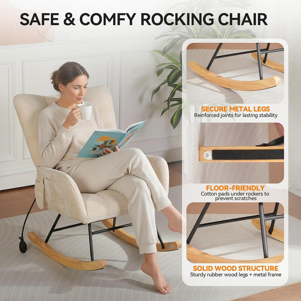 Rocking Chair with Airbag, Comfy Modern Reading & Nursing Nursery Rocking Chair Indoor, Cozy Upholstered Glider Rocker Chairs for Living Room Bedroom Offices, (Chenille, Beige)