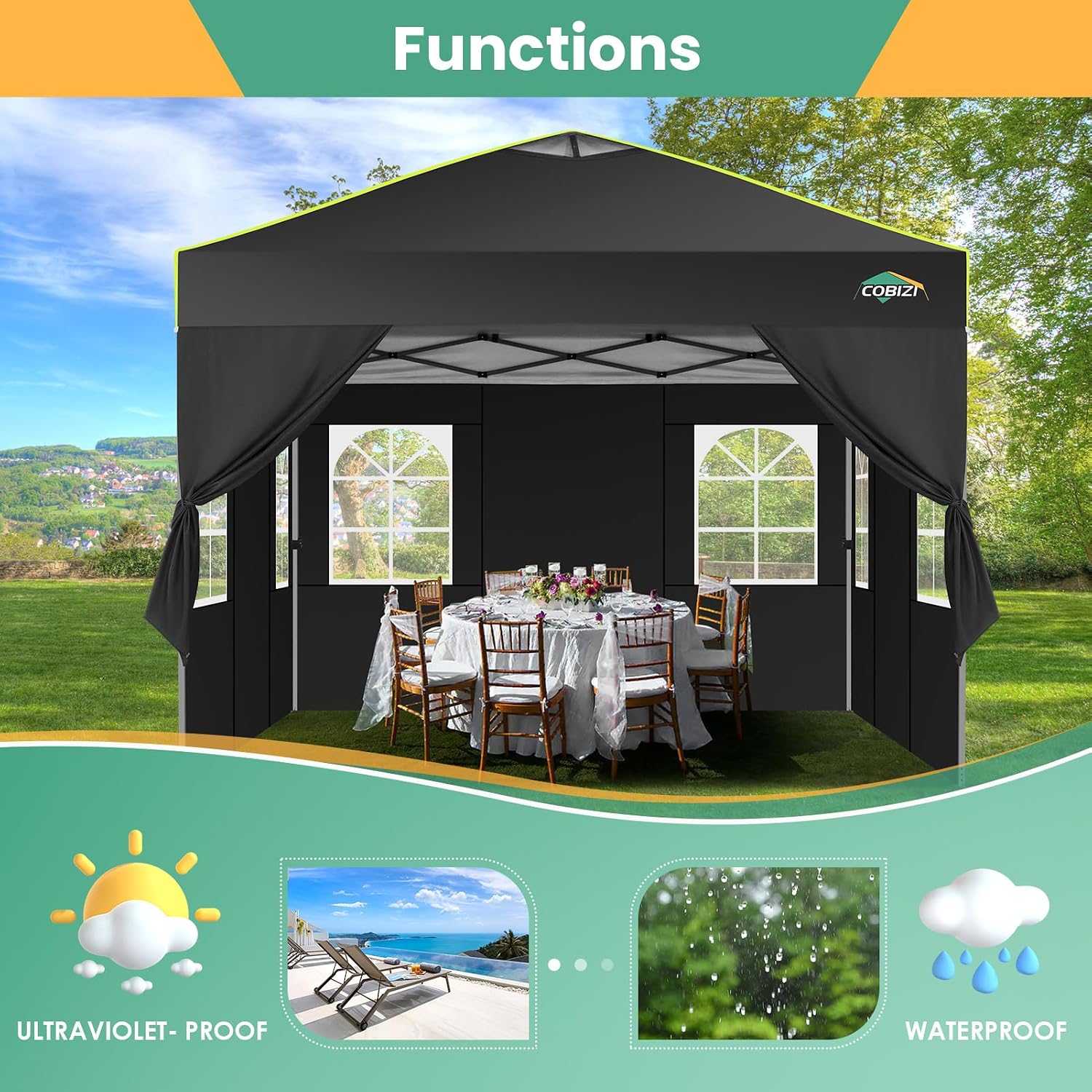 COBIZI 10x10 Pop Up Canopy Tent, Outdoor Party Tent with 4 Sidewall One Push Setup Glow, 3 Adjustable Height Air Vent Waterproof UPF50+, Bag, 4 Sandbag, 8 Stake, 4 Rope for Beach, Commercial