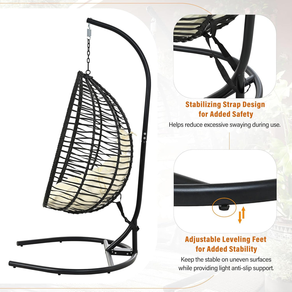 Qwork Hanging Egg Chair with Stand, Modern Foldable Wicker Swing Chair, Deep Seat Hammock with Creamy Beige Cushion, 330lbs Heavy Duty for Living Room, Bedroom, Patio (Black Frame + Beige Cushion)