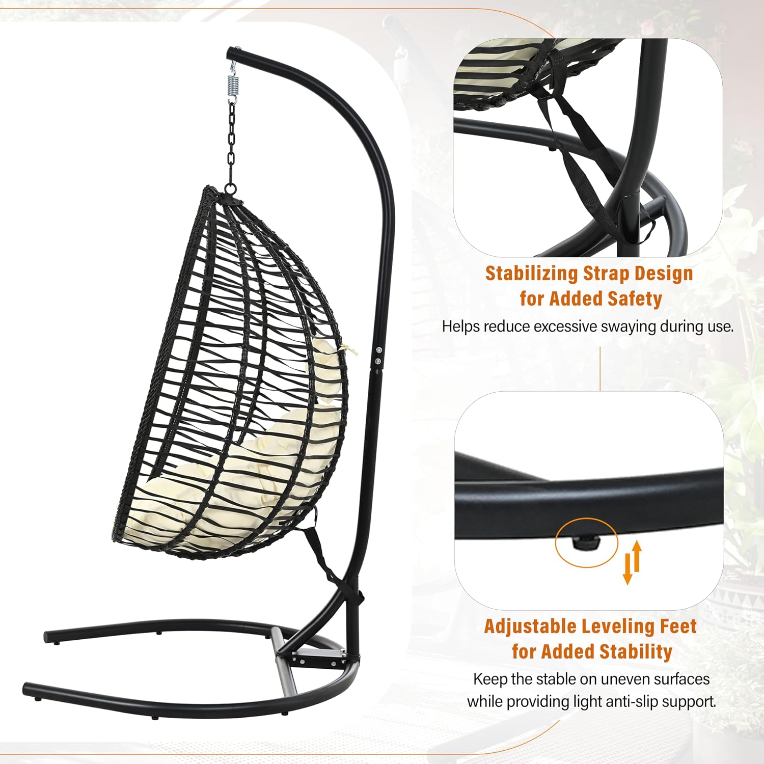 Qwork Hanging Egg Chair with Stand, Modern Foldable Wicker Swing Chair, Deep Seat Hammock with Creamy Beige Cushion, 330lbs Heavy Duty for Living Room, Bedroom, Patio (Black Frame + Beige Cushion)