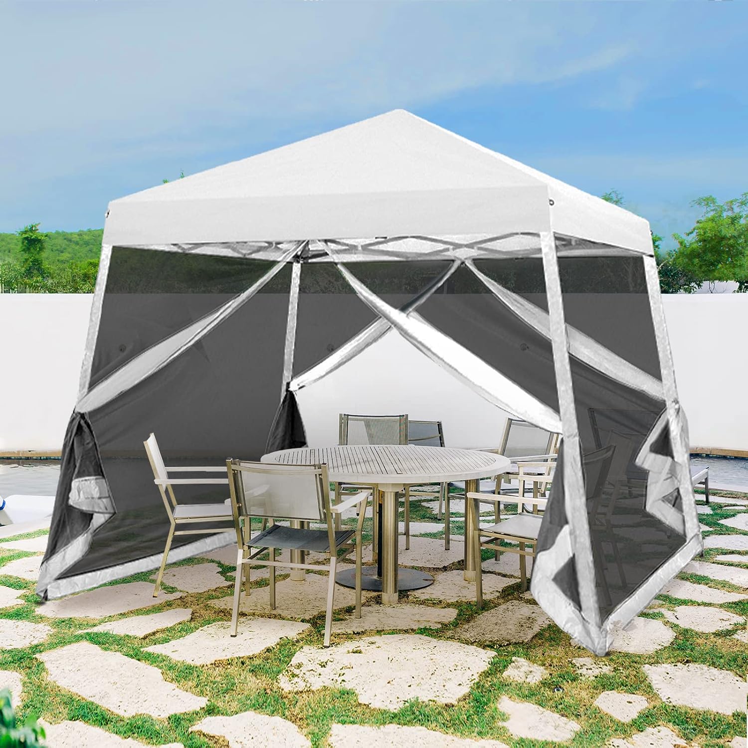 10x10 Pop Up Canopy Tent, Slant Leg Instant Screened Gazebo with Mesh Walls, UV Protection, Water Resistant, White