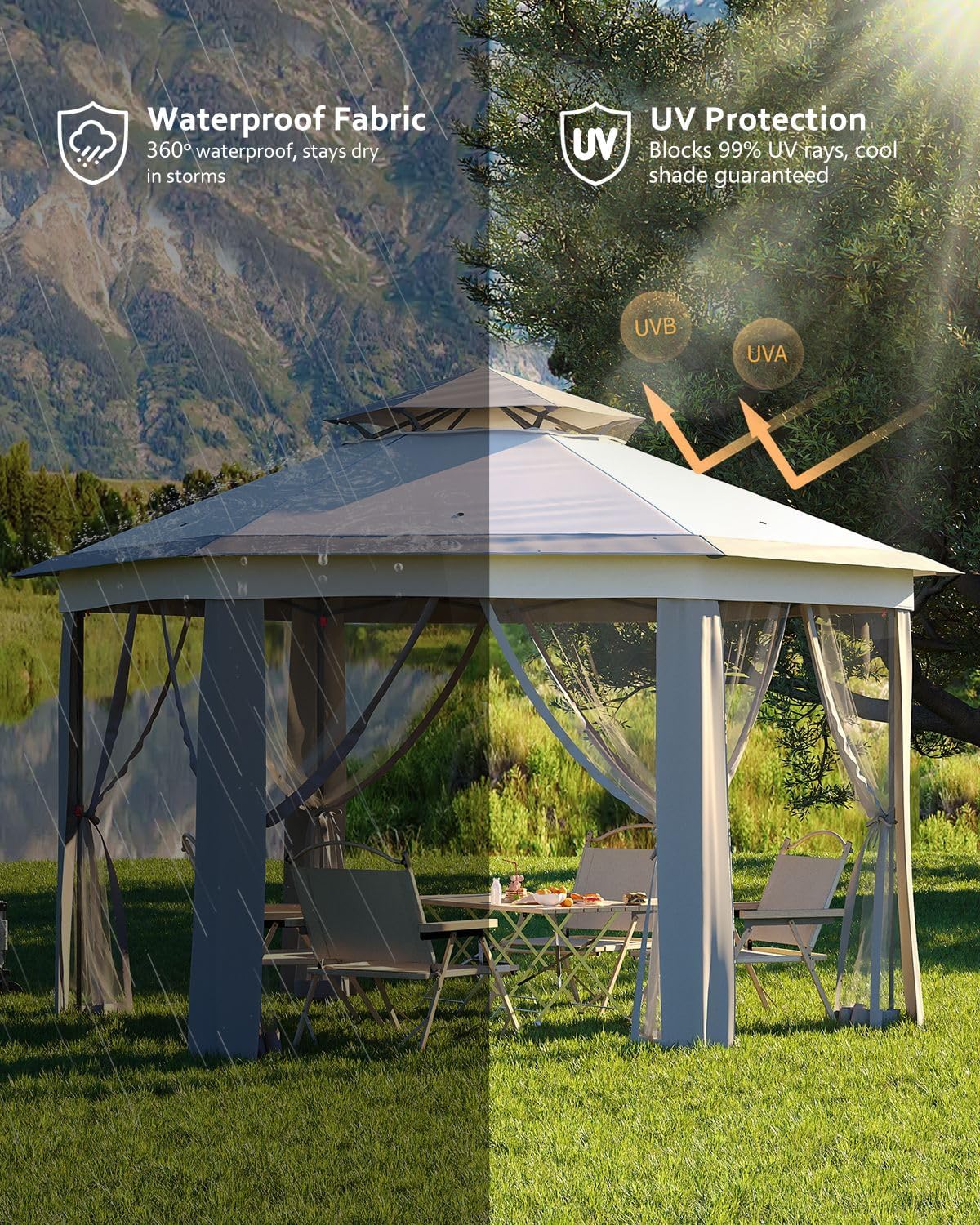 Pop Up Gazebo 13x13, Outside Canopy Tent-6 Side with Mosquito Netting, One Push Setup for Backyard Patio Garden Activities-Gray