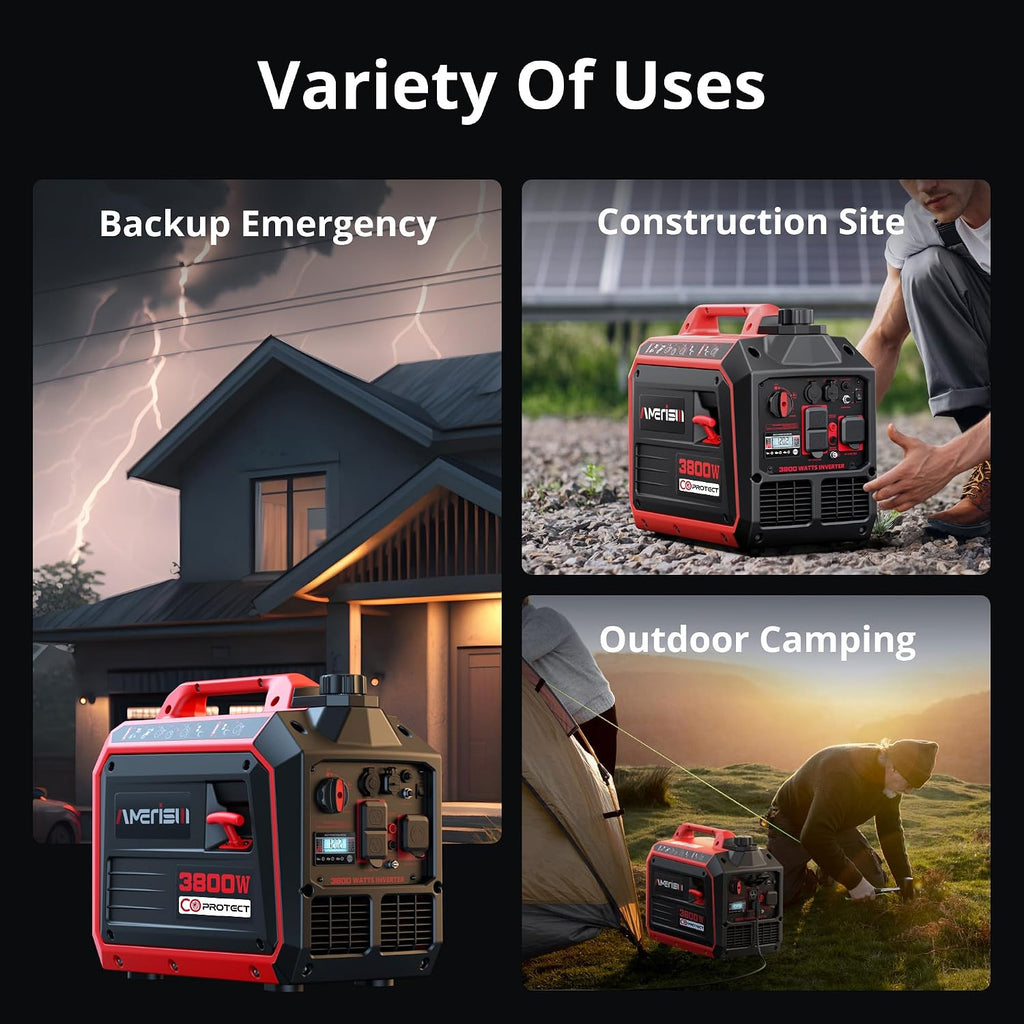 AMERISUN 3800W Gas Powered Portable Inverter Generator, Gas Generator with CO Sensor ECO Mode Digital Display, Parallel Capable EPA Compliant Long Runtime for Camping Tailgating Home Quiet Lightweight