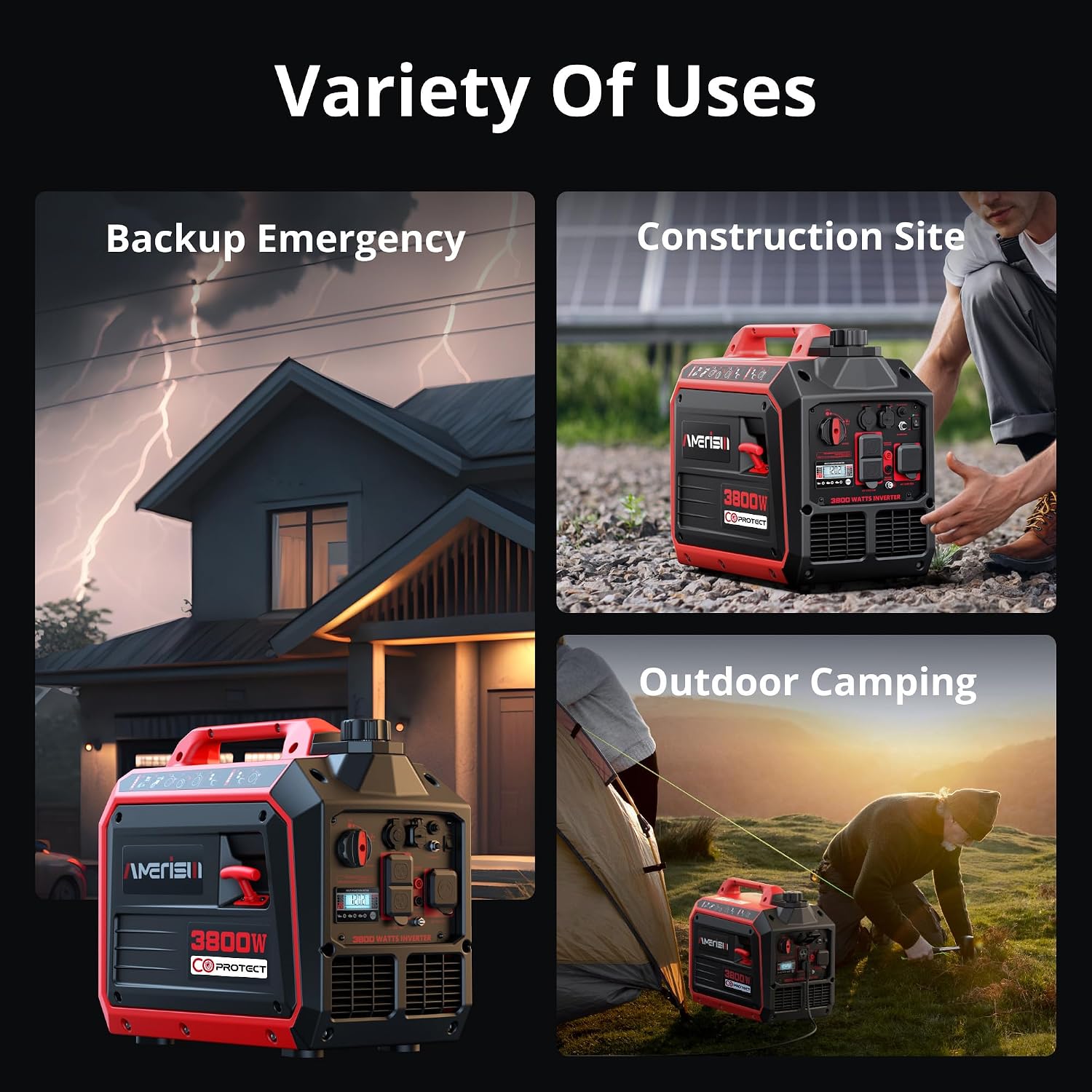 AMERISUN 3800W Gas Powered Portable Inverter Generator, Gas Generator with CO Sensor ECO Mode Digital Display, Parallel Capable EPA Compliant Long Runtime for Camping Tailgating Home Quiet Lightweight