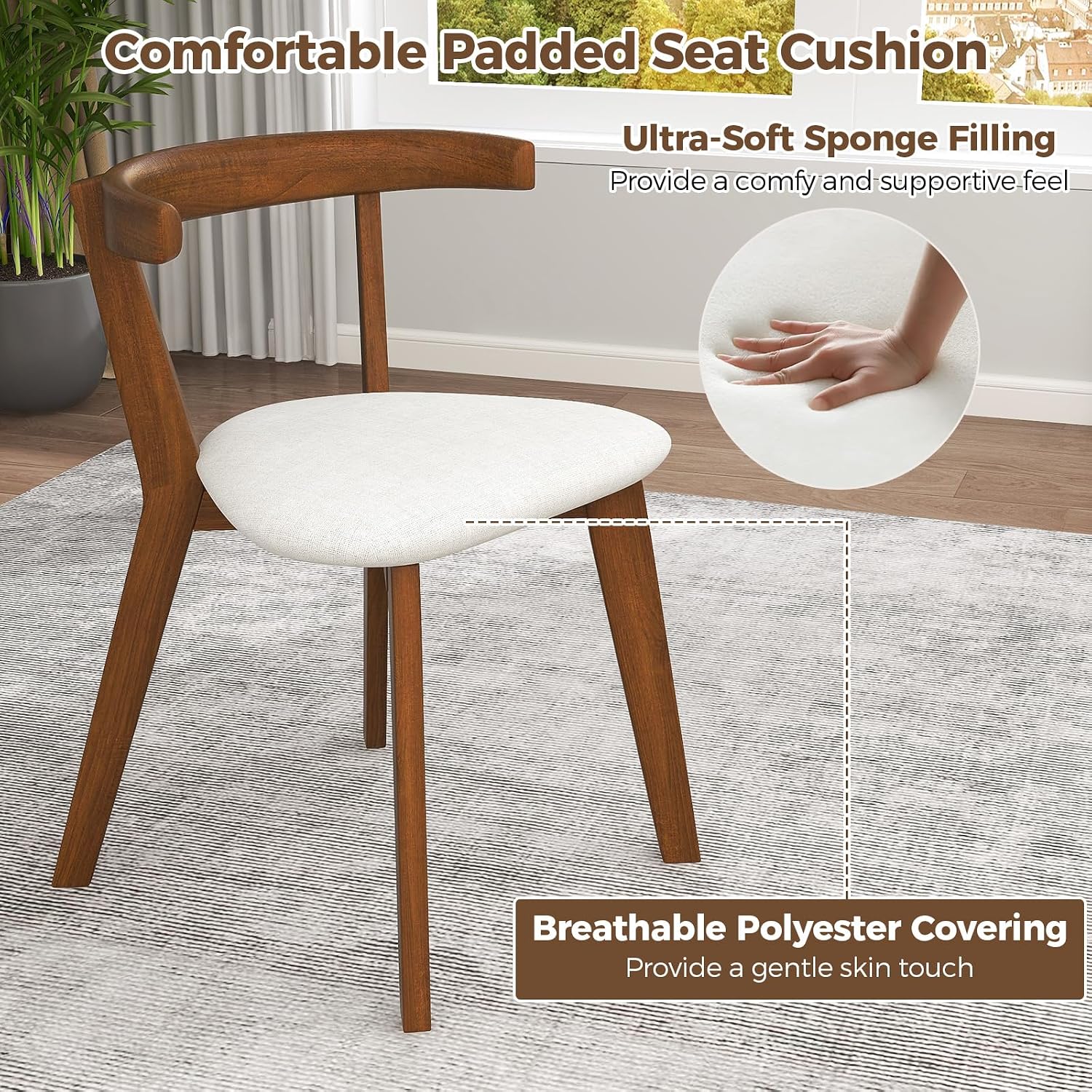 Giantex Wooden Dining Chairs Set of 2, Farmhouse Hanging Kitchen Chairs w/Rubber Wood Frame, Padded Seat, Curve Back, Armless Upholstered Side Chairs for Home Living Room Dining Room, Walnut+Gray