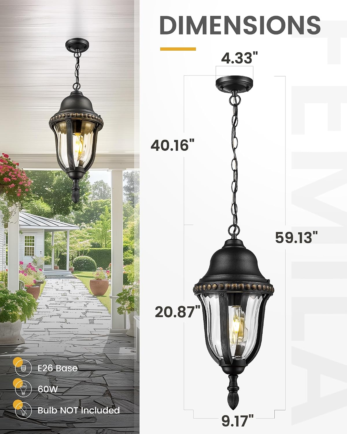 FEMILA 21' Outdoor Pendant Lights for Porch, Outdoor Chandelier for Gazebo, Patio, Hanging Lantern Light with Matte Black Finish, E26 Base, 4FX80H BK