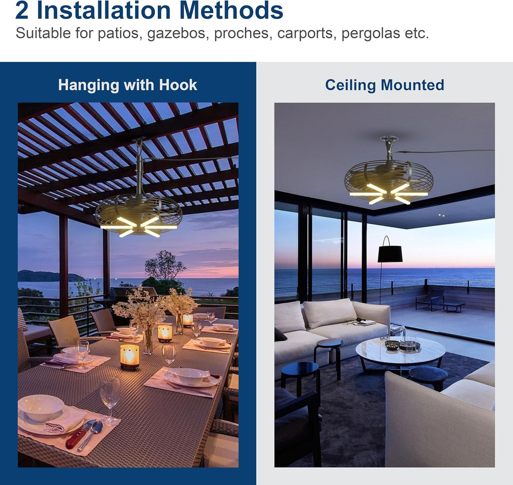Coolbull Outdoor Ceiling Fans with Light for Patios, 20'' Gazebo Fan, Plug in Ceiling Fan, Waterproof, Remote&APP Control, Hanging with Hook, Black