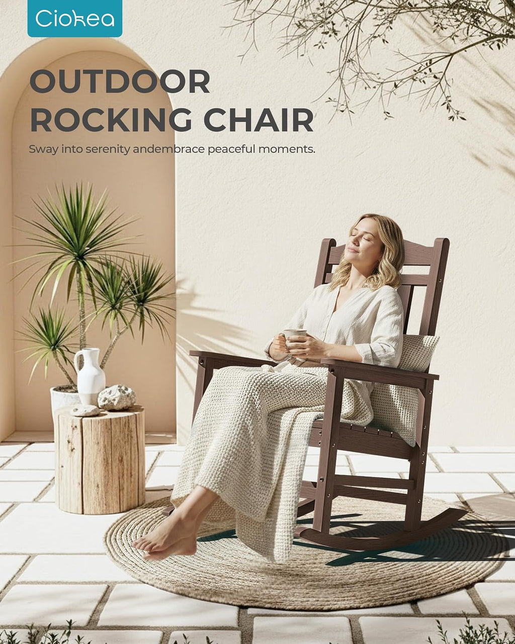 Ciokea Oversized Outdoor Rocking Chair, 380lbs Heavy-Duty Large Patio Rocker, Weather Resistant & Anti-Fade Porch Chair, High Back Cozy Rocking Chair for Outside, Fire Pit, Deck, Garden, Brown