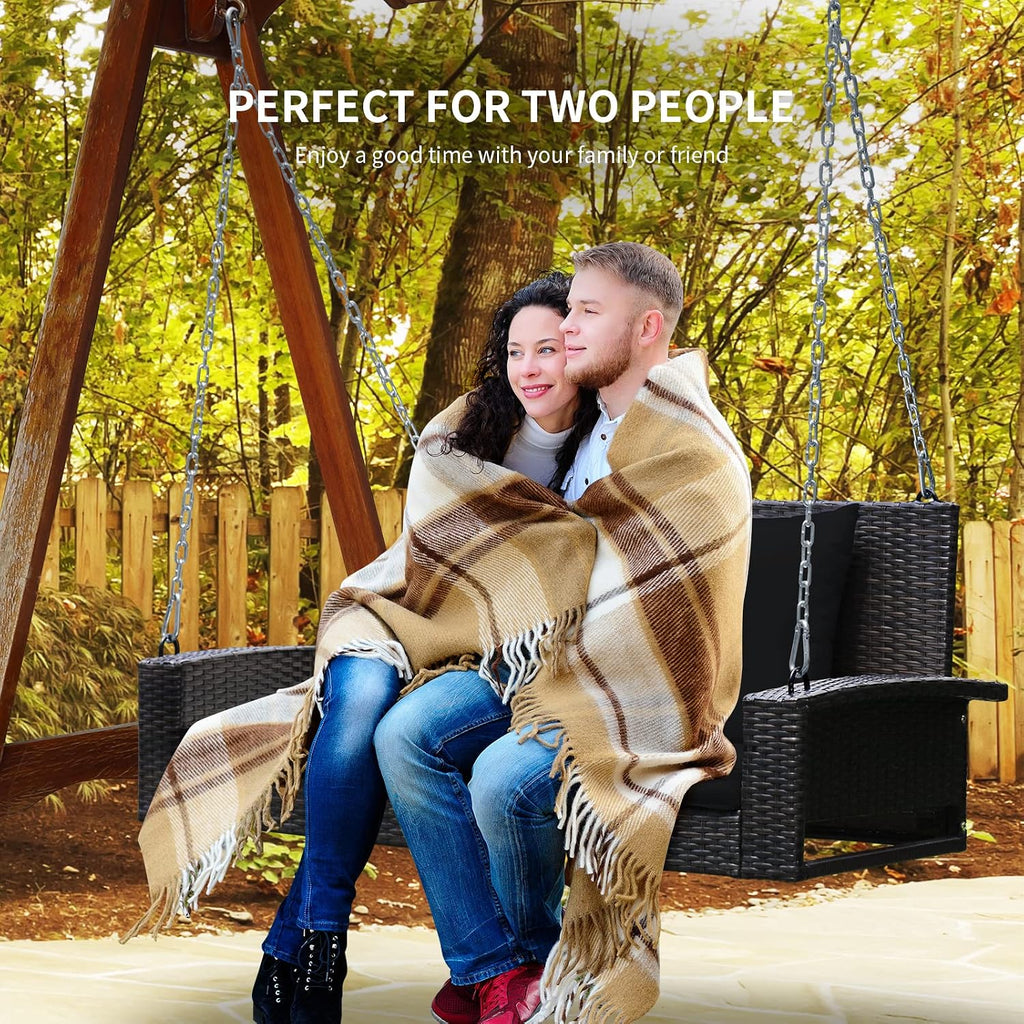 RELAX4LIFE Porch Swing 2-Seat Patio Rattan, Wicker Porch Swings Outdoor W/Two 7.9 Ft Solid Steel Chain, Comfortable Back & Seat Cushions, for Front Porch, Garden, Backyard Patio Swing (Black)