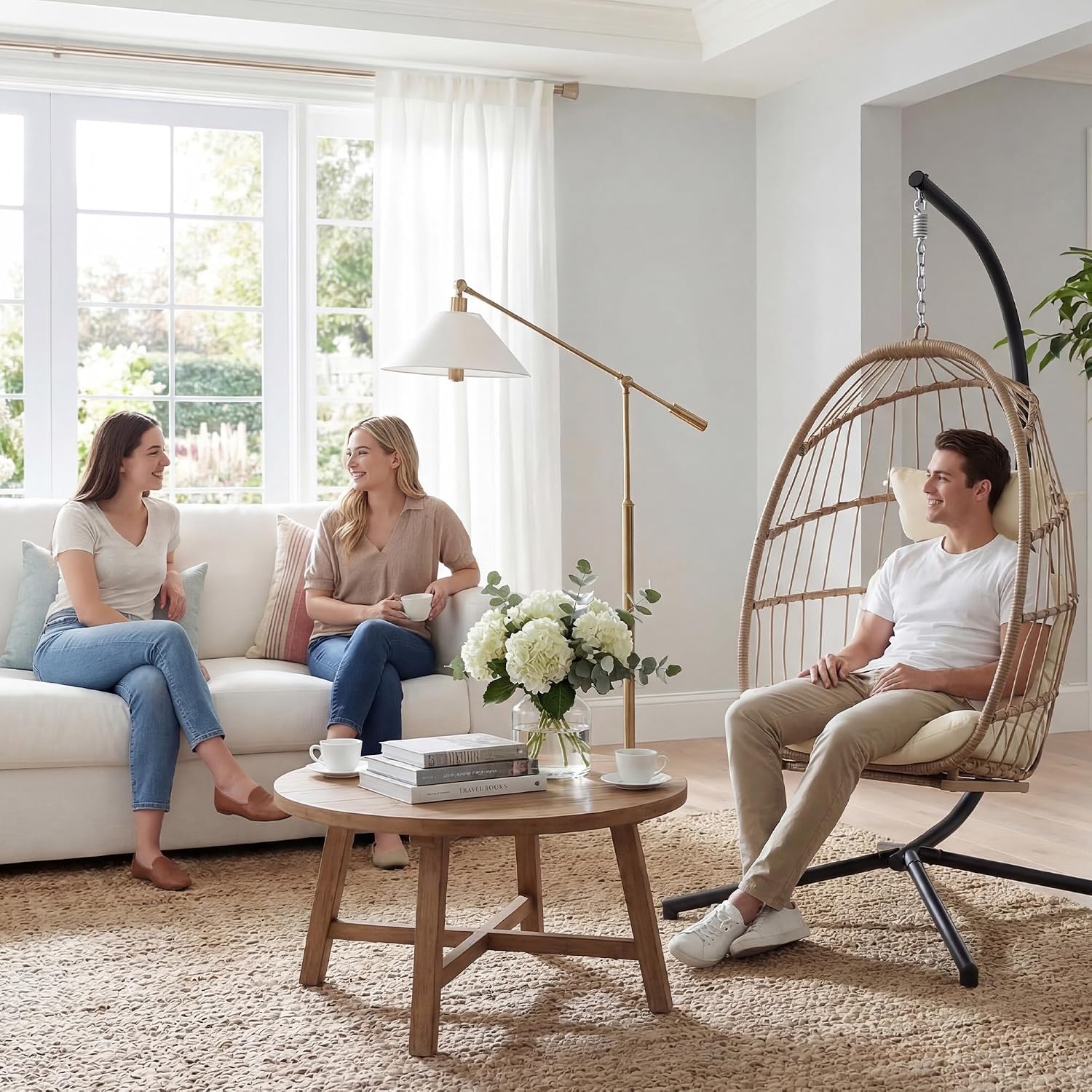 Yechen Hanging Egg Chair with Stand and Footrest for Indoor Outdoor, Foldable Wicker Rattan Patio Egg Swing Chairs Hammock Egg Chair with UV Resistant Cushion for Bedroom Porch, 350 Lbs Capacity