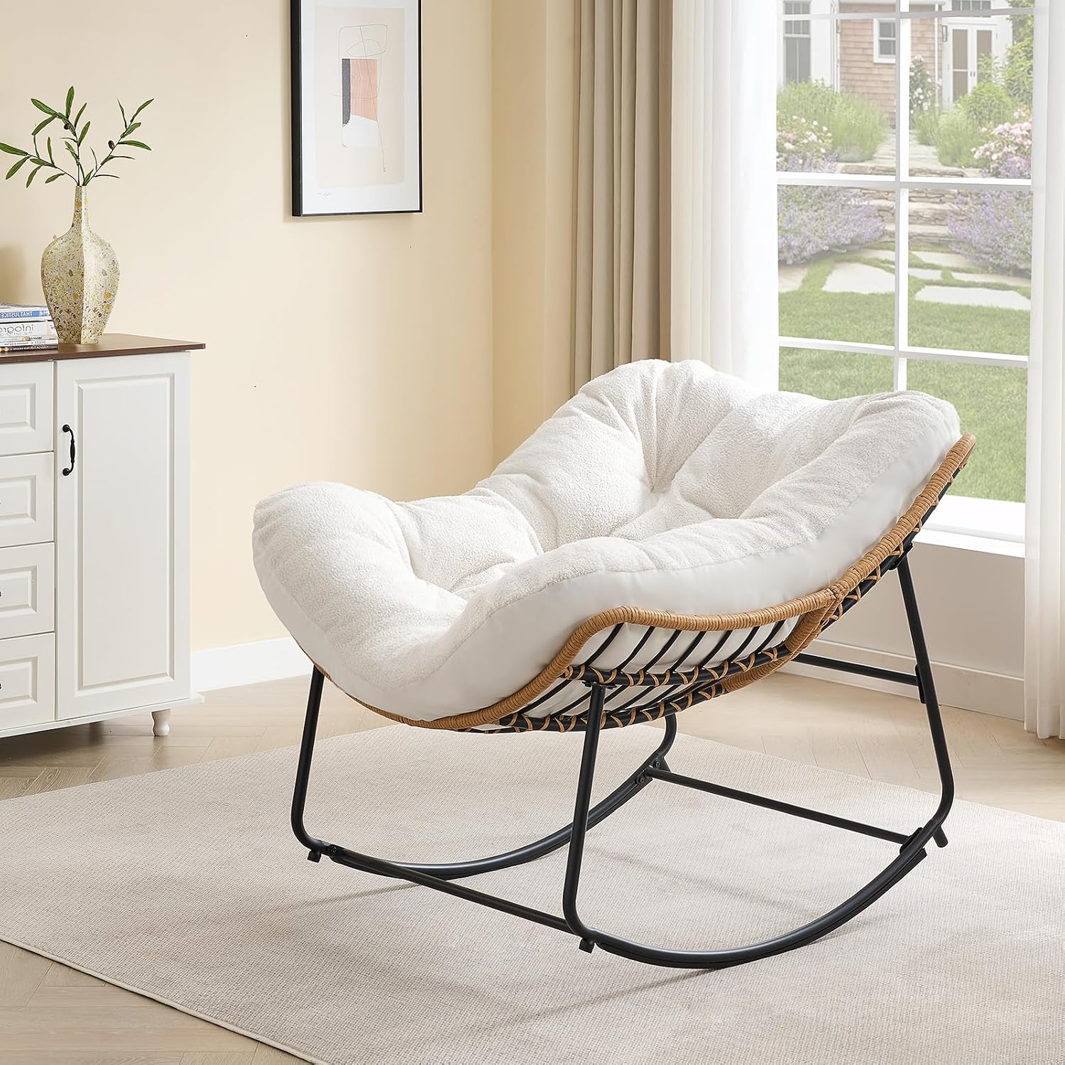 ONBRILL Outdoor Rocking Chairs, Oversized Papasan Rocking Chair Indoors with Padded Cushions, Rattan Wicker Lounge Chair for Living Room, Porch, Patio, Garden, White
