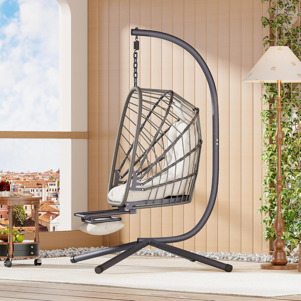 Outdoor Egg Swing Chair with Stand and Footrest, Comfy Patio Hammock Hanging Rocking Egg Chair with Cushion for Bedroom Indoor, Dark Gray (Beige)