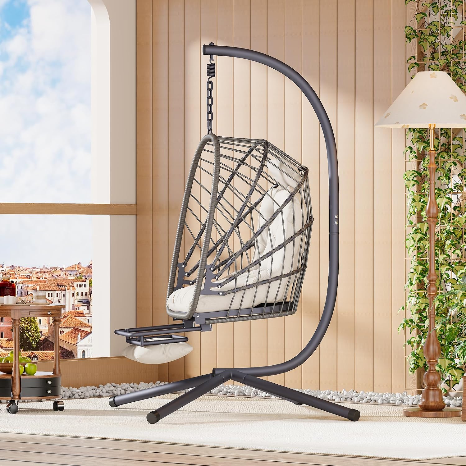 Outdoor Egg Swing Chair with Stand and Footrest, Comfy Patio Hammock Hanging Rocking Egg Chair with Cushion for Bedroom Indoor, Dark Gray (Beige)