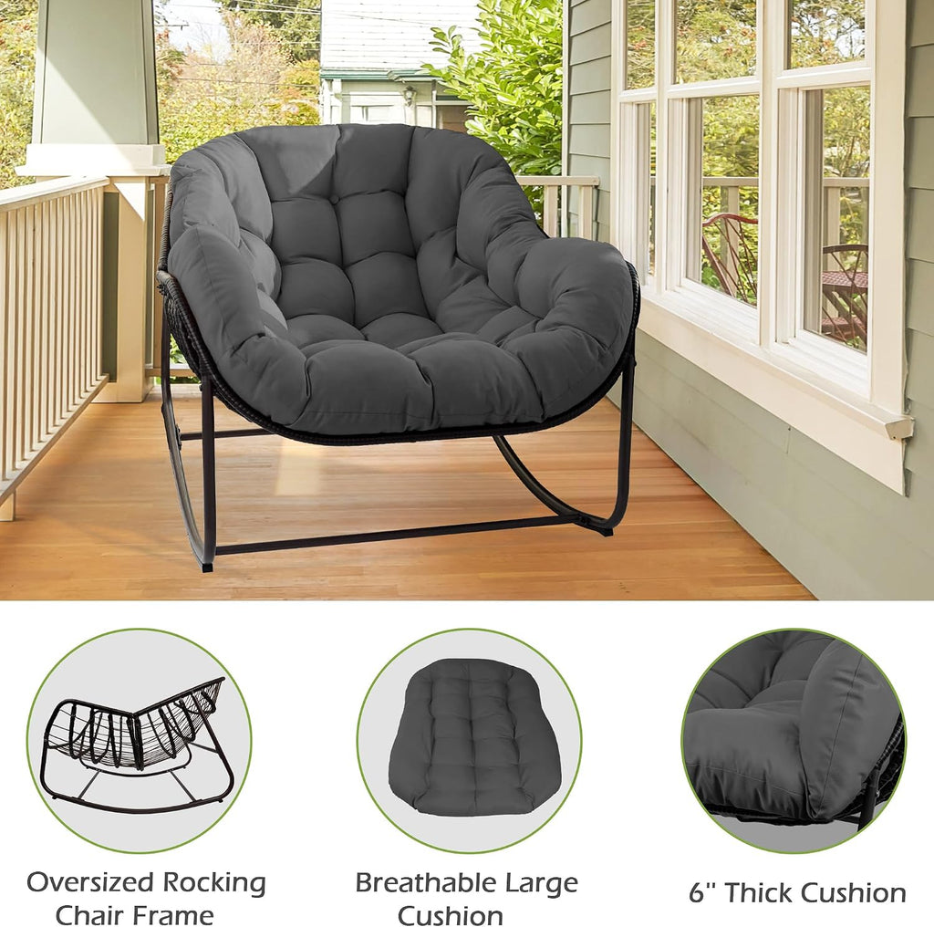 Papasan Rocking Chair, Oversized Papasan Chair with Cushion and Frame for Indoor& Outdoor,Egg-Shaped Patio Rocking Chair for Garden, Deck, Living Room, Light Grey