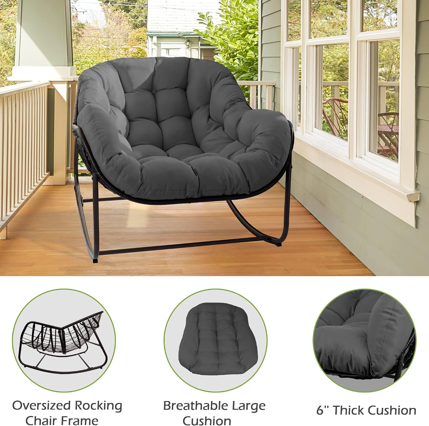 Papasan Rocking Chair, Oversized Papasan Chair with Cushion and Frame for Indoor& Outdoor,Egg-Shaped Patio Rocking Chair for Garden, Deck, Living Room, Light Grey