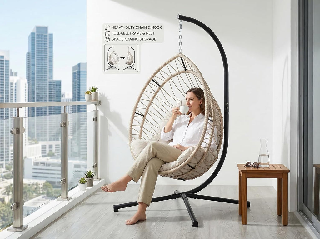 Hanging Egg Chair with Stand, Foldable Patio Hammock Egg Swing Chair Made by All-Weather Core-Spun Polyester Rope with Soft Cushion for Bedroom Garden Indoor Outdoor, 350Lbs Cap. (Beige)