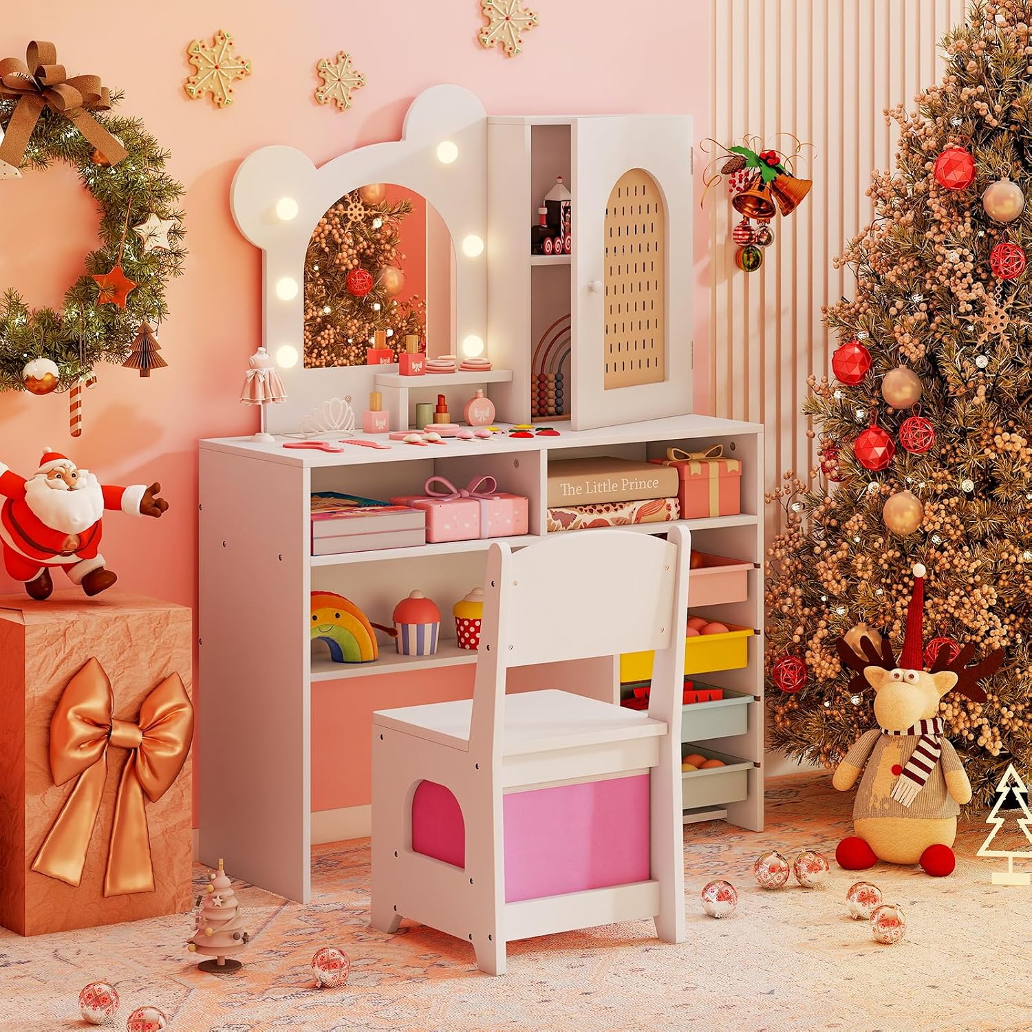 Costzon Kids Vanity with Lights, Girls Vanity Set with Mirror, Storage Drawers, Cabinet & Shelves, Toddler Makeup Vanity Desk Dressing Table, Wooden Kids Vanity Table and Chair Set (White)