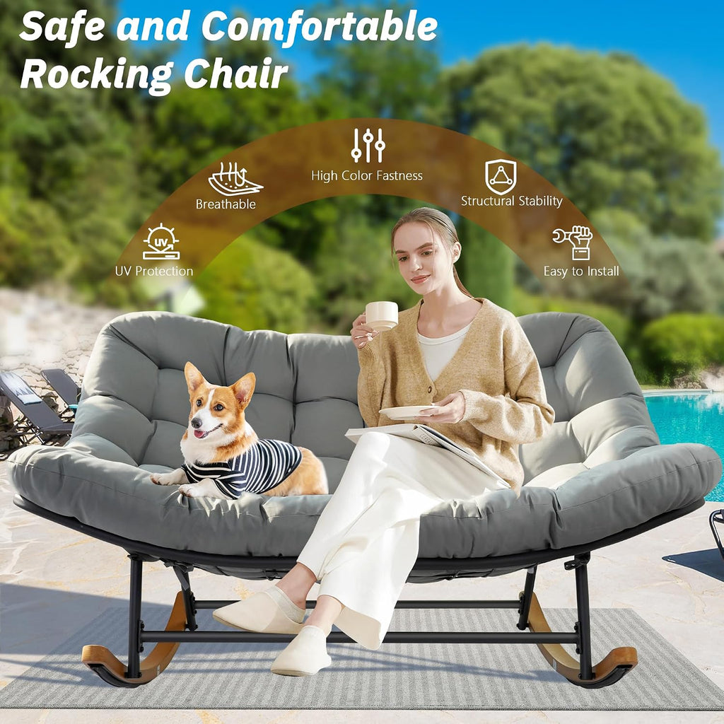 Rocking Papasan Chair,Patio Rocking Chairs for 2-Person Indoor & Outdoor,Oversized Rocking Chair with Thicken Cushion and Steel Frame,Rocker Lounge Chair for Yard,Living Room,Grey