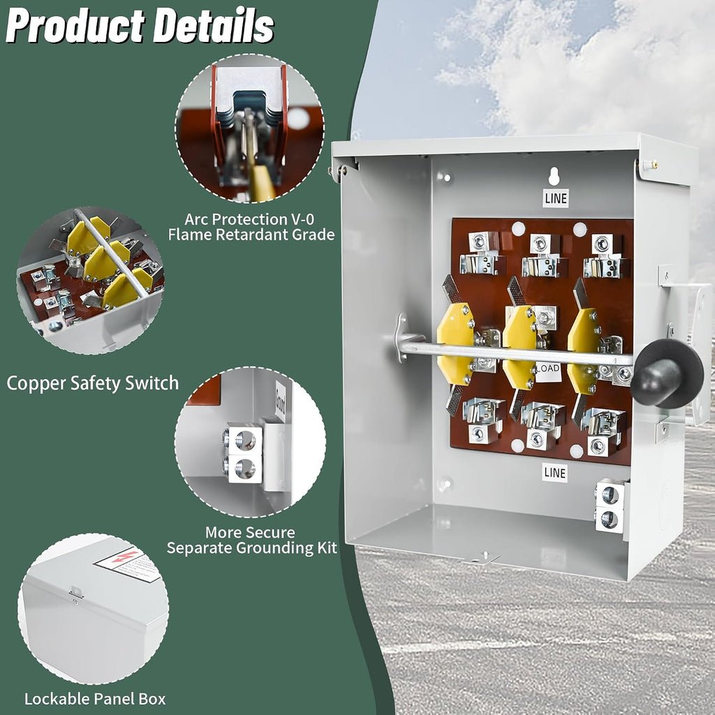 200-Amp, 3 Pole 120 V/240 V Generator Transfer Switch, 48,000 W Manual Transfer Switch for Home Generator, Meeting NEMA 3R Standards for Outdoor and Indoor General-Duty Double-Throw Safety Switches