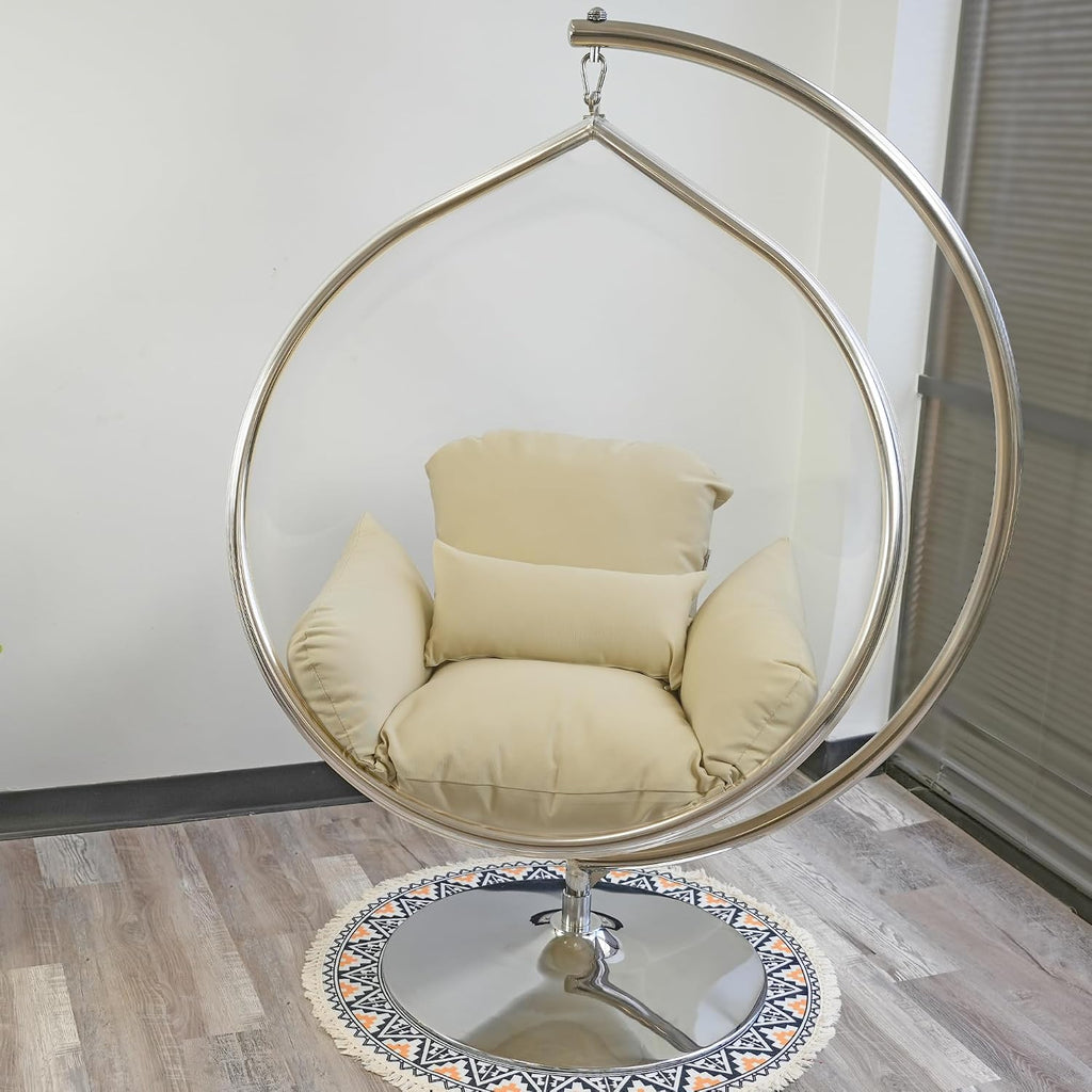 Hanging Chair - Transparent Acrylic Bubble, Waterdrop Shape, Indoor Swing Chair with Gold/Chrome Stand, Durable Fabric Cushion - Luxury Accent for Living Room, Bedroom (Chrome/Beige)