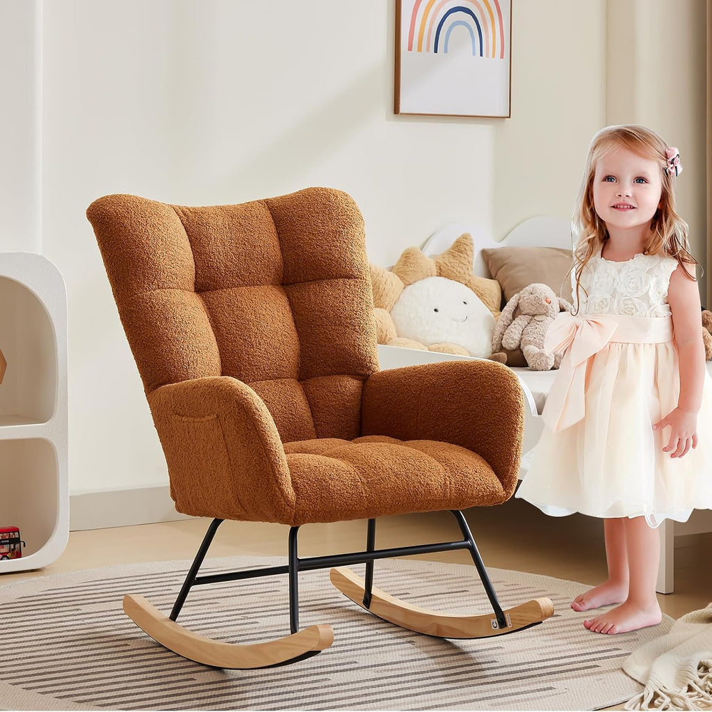 GarveeHome Rocking Chair Nursery, Teddy Upholstered Glider Chair with High Backrest, Armrest and Side Pockets, Modern Comfy Accent Armchair Reading Chair for Bedroom, Living Room
