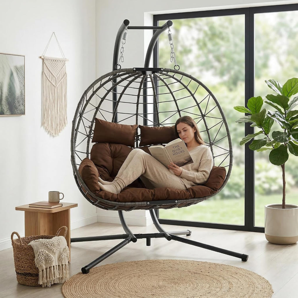 JOYBASE Double Swing Egg Chair with Stand, 2-Person Hanging Egg Chair Wicker Rattan Oversized Swinging Chair for Outdoor Indoor Garden Patio (Brown)