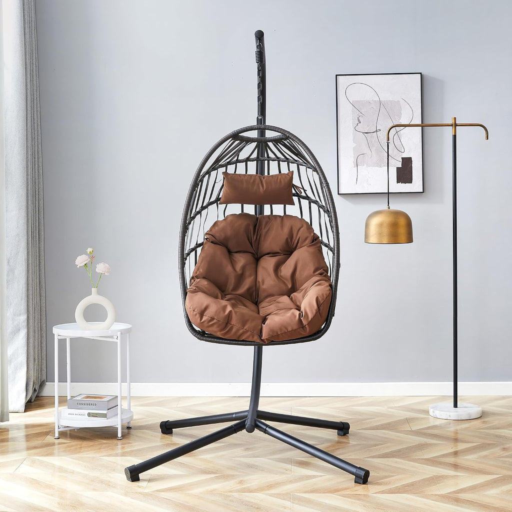 Egg Chair with Stand – Faux Rattan Wicker Hanging Hammock Chair, Soft Cushions & Pillow, Titanium Alloy Frame, UV-Resistant, All-Weather, Easy Assembly, 350 lbs Capacity for Patio, Garden, Balcony