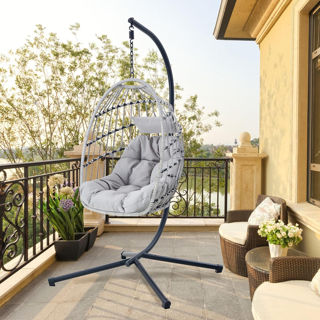 Egg Swing Chair with Stand, Indoor Outdoor Hanging Egg Chair with Thickened Metal Frame and Cushion, Patio Wicker Swinging Hammock Chair for Bedroom, Porch, Garden, Balcony (Gray)